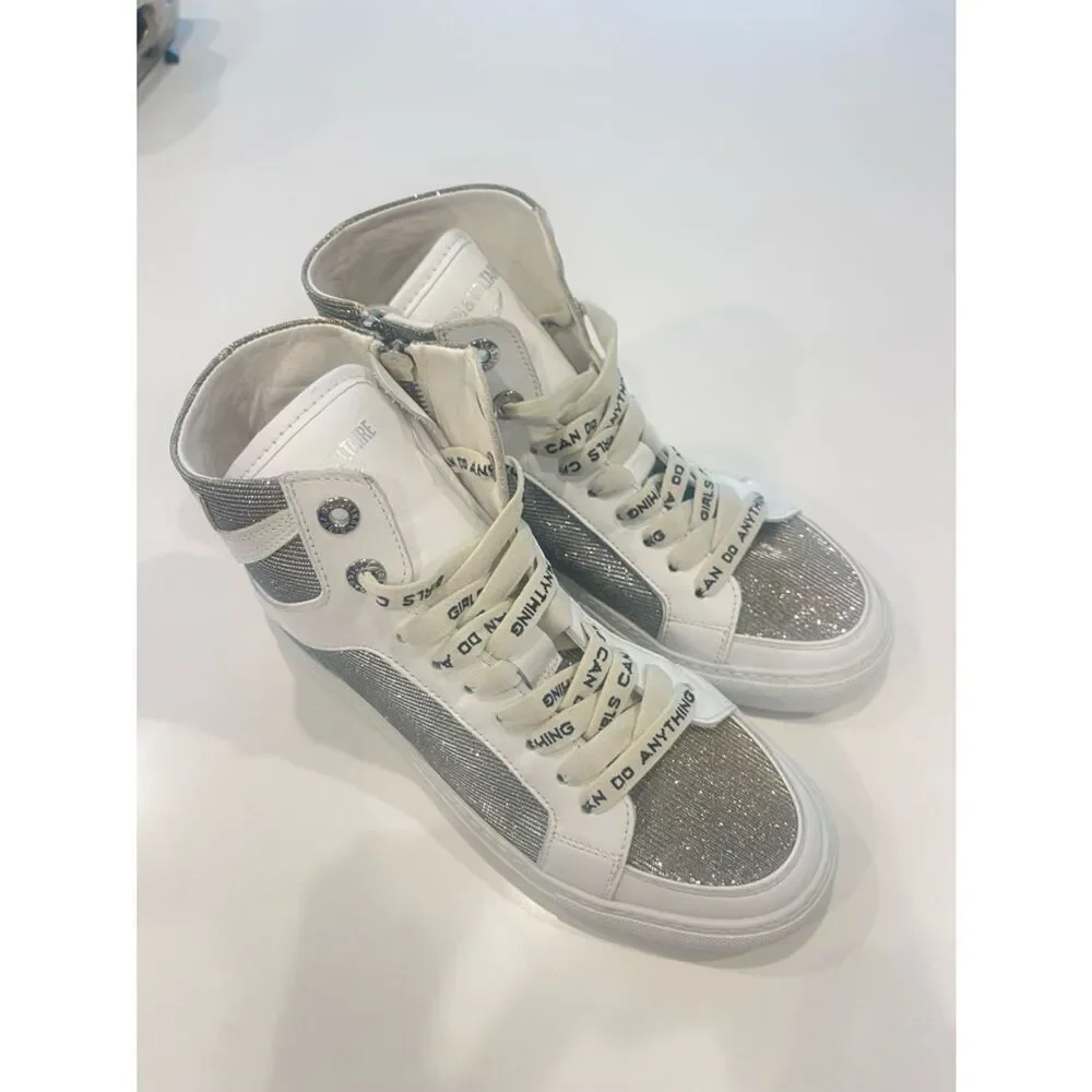 $448 -Zadig & Voltaire ZV1747 High Flash Sneakers Size 36 Hightop Silver Shoes
